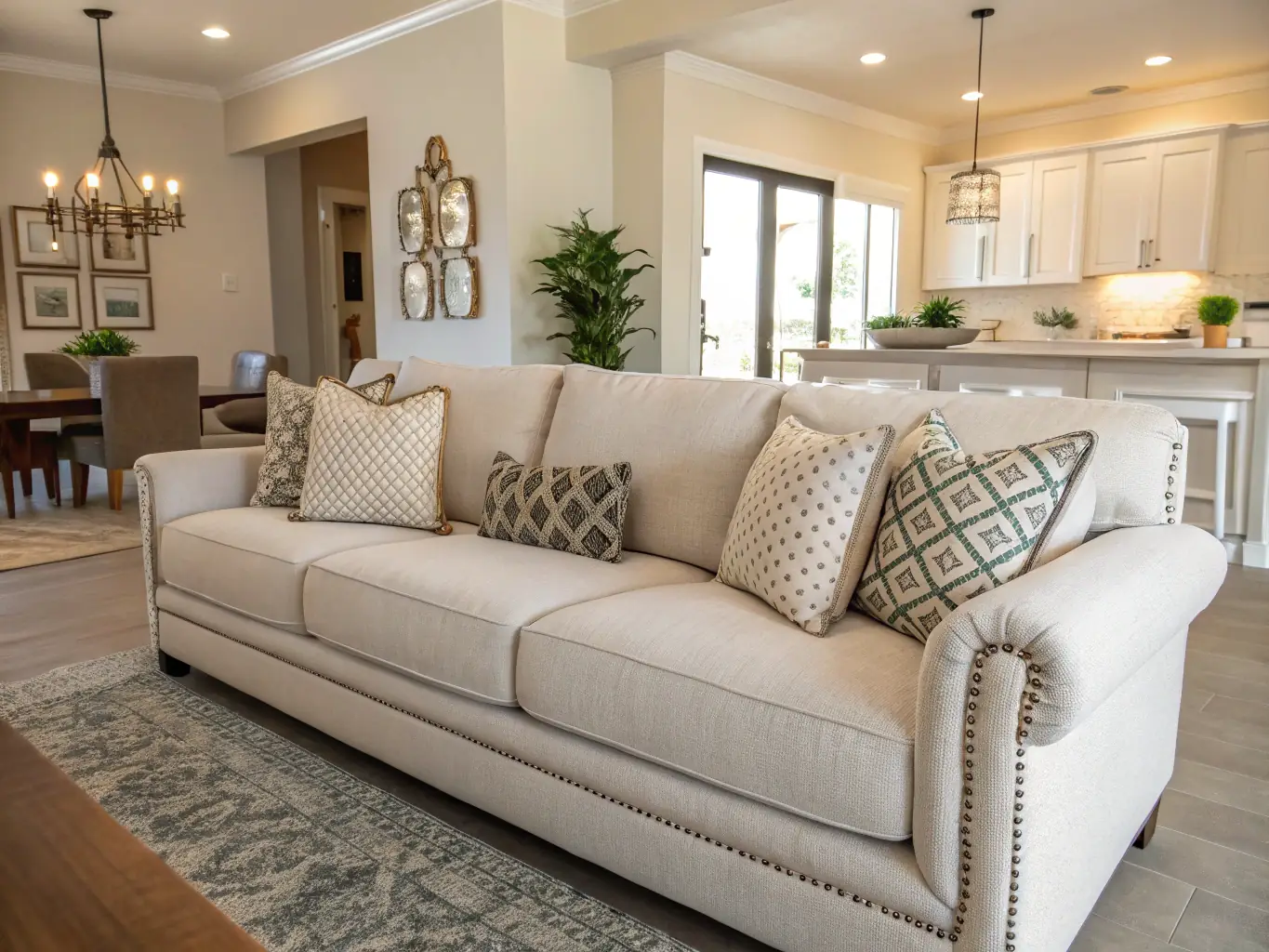 A plush sofa with vibrant, clean upholstery, demonstrating the care and attention to detail provided by a professional upholstery cleaning service.